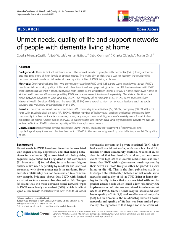 (PDF) Unmet needs, quality of life and support networks of people with ...