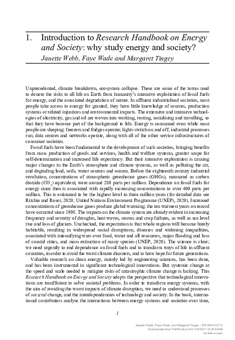 Introduction to Research Handbook on Energy and Society: why study energy and society?
