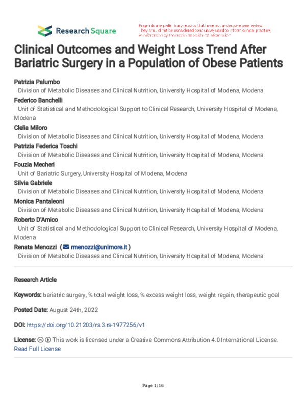 (PDF) Clinical Outcomes and Weight Loss Trend After Bariatric Surgery ...