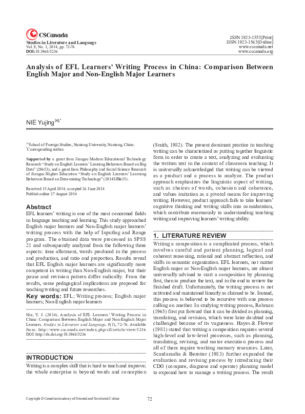 (PDF) Analysis of EFL Learners’ Writing Process in China: Comparison ...