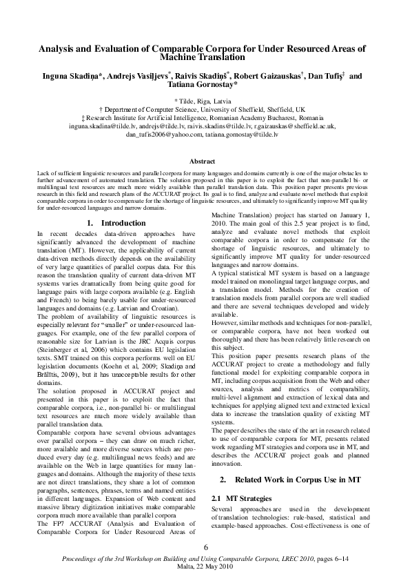 (PDF) Analysis and evaluation of comparable corpora for under resourced ...