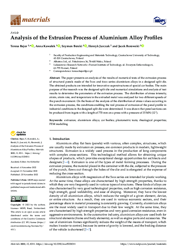 (PDF) Analysis of the Extrusion Process of Aluminium Alloy Profiles