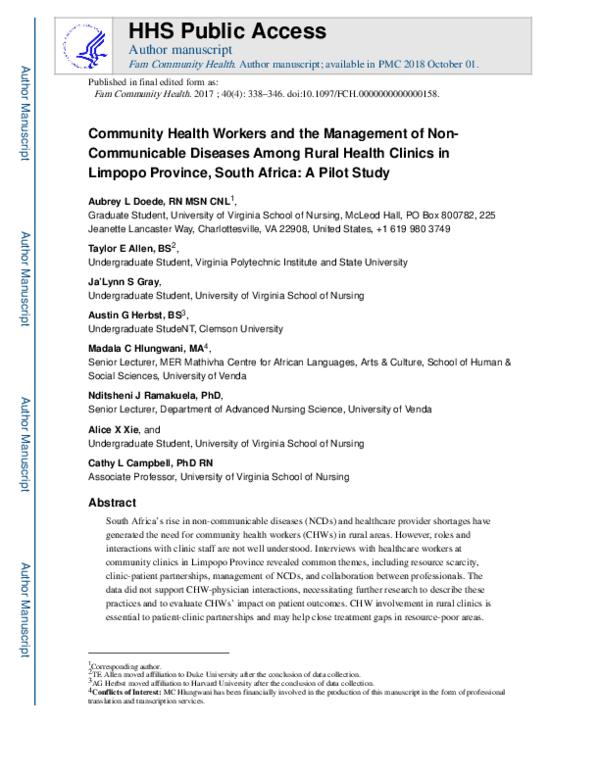 (PDF) Community Health Workers and the Management of Noncommunicable ...