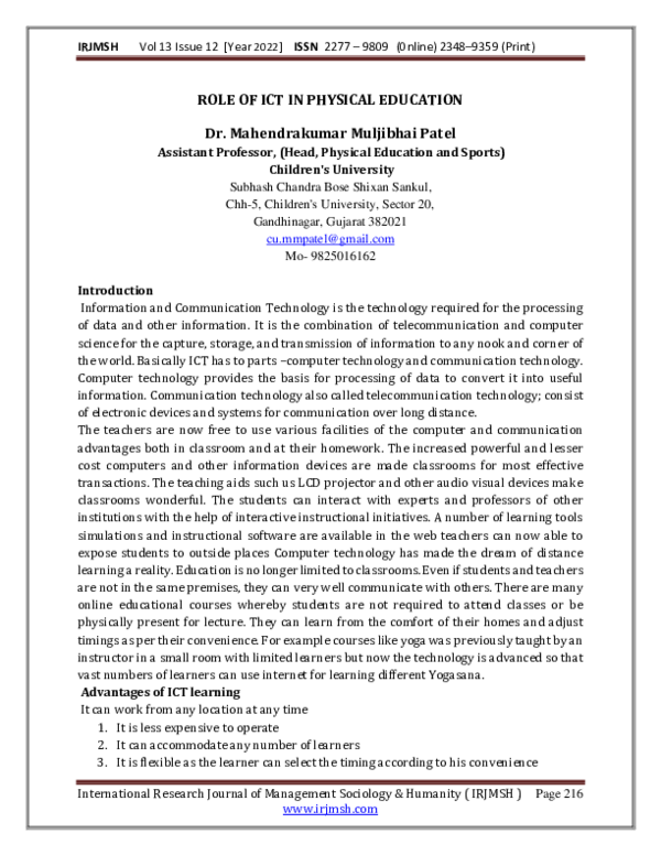(PDF) ROLE OF ICT IN PHYSICAL EDUCATION International Res Jour Managt