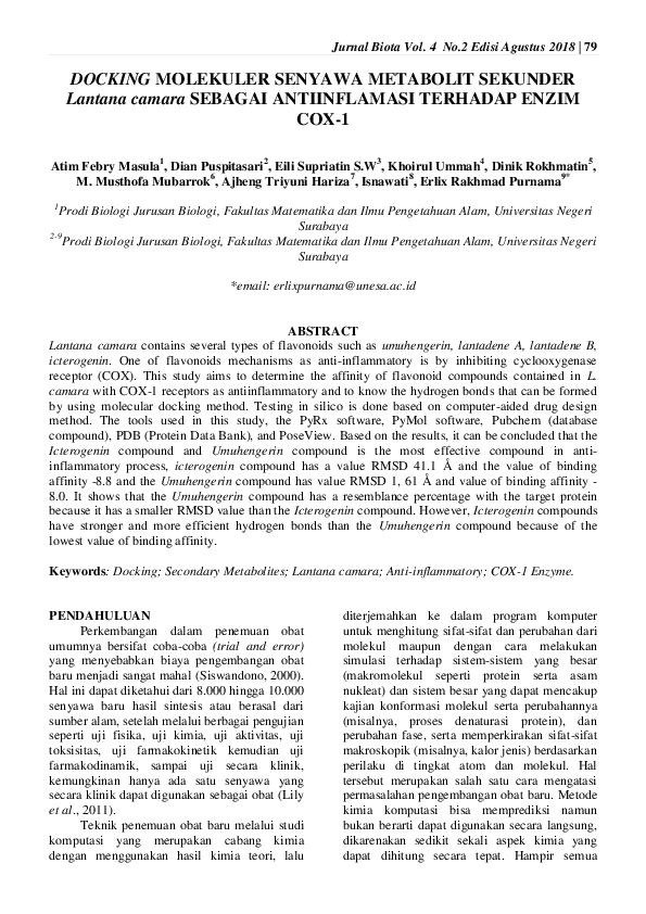 (PDF) DOCKING MOLEKULER SENYAWA METABOLIT SEKUNDER Lantana camara SEBAGAI ANTIINFLAMASI TERHADAP