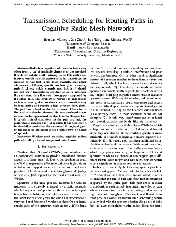 (PDF) Transmission Scheduling for Routing Paths in Cognitive Radio Mesh ...