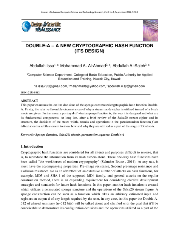 (PDF) Double-A – a New Cryptographic Hash Function (Its Design)
