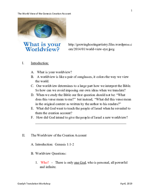 (PDF) Handout Genesis 1 and Worldview