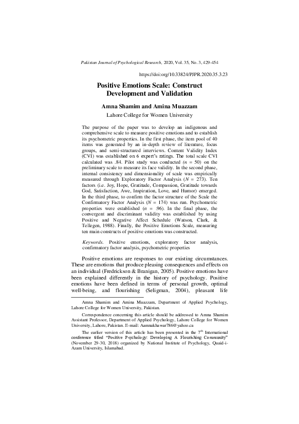 (PDF) Positive Emotions Scale: Construct Development and Validation
