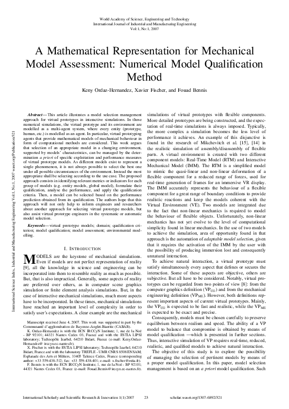 (PDF) A Mathematical Representation For Mechanical Model Assessment ...