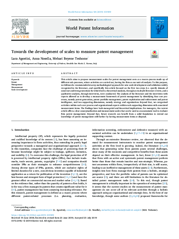 (PDF) Towards the development of scales to measure patent management