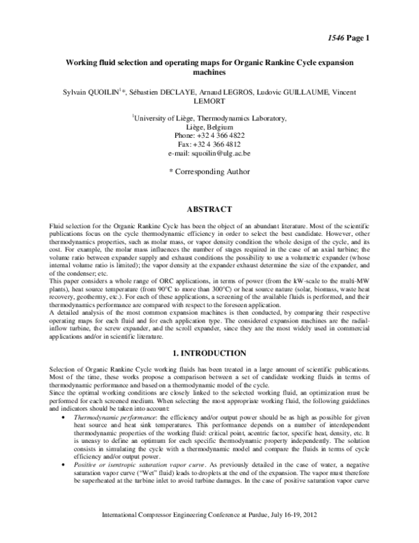 (PDF) Working fluid selection and operating maps for Organic Rankine ...