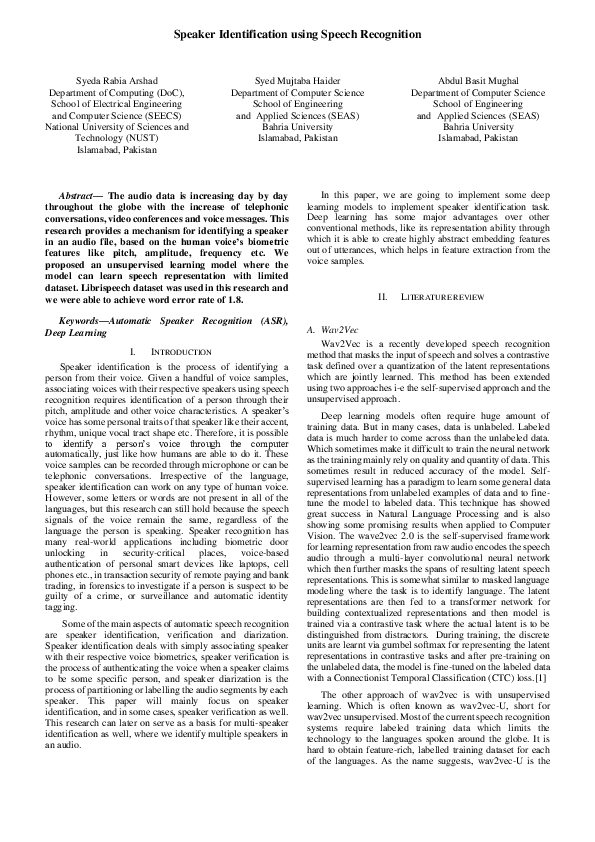 (PDF) Speaker Identification using Speech Recognition