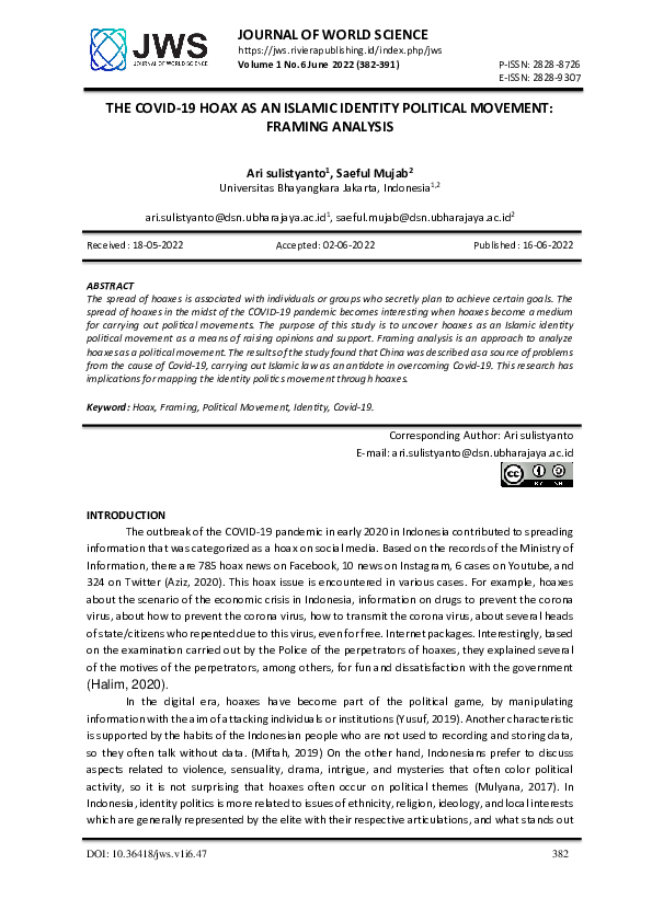 The COVID-19 Hoax as an Islamic Identity Political Movement: Framing Analysis