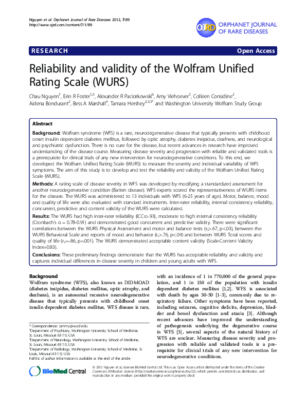 (PDF) Reliability and validity of the Wolfram Unified Rating Scale (WURS)