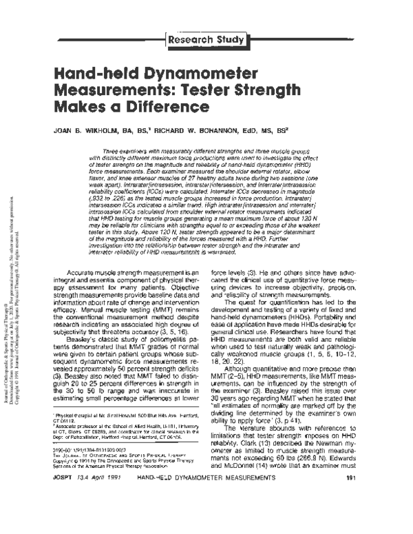 (PDF) Hand-held Dynamometer Measurements: Tester Strength Makes a ...