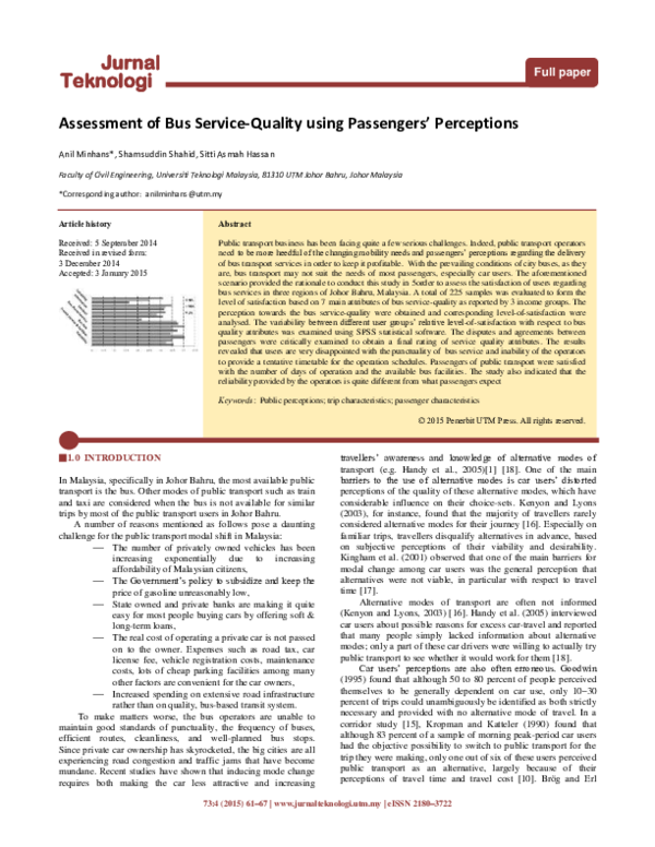 (PDF) Assessment of Bus Service-Quality using Passengers’ Perceptions