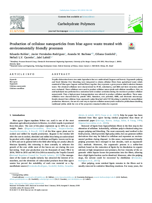 (PDF) Dataset on cellulose nanoparticles from blue agave bagasse and ...