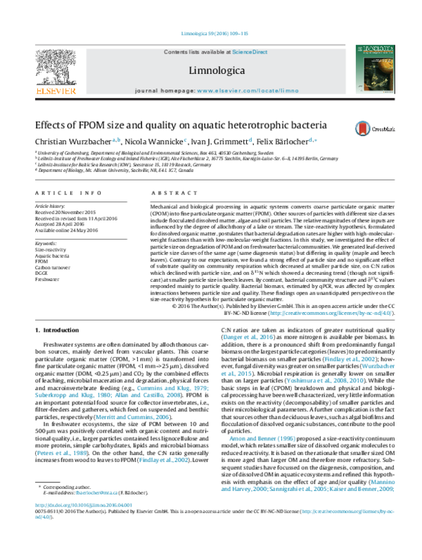 (PDF) Effects of FPOM size and quality on aquatic heterotrophic bacteria