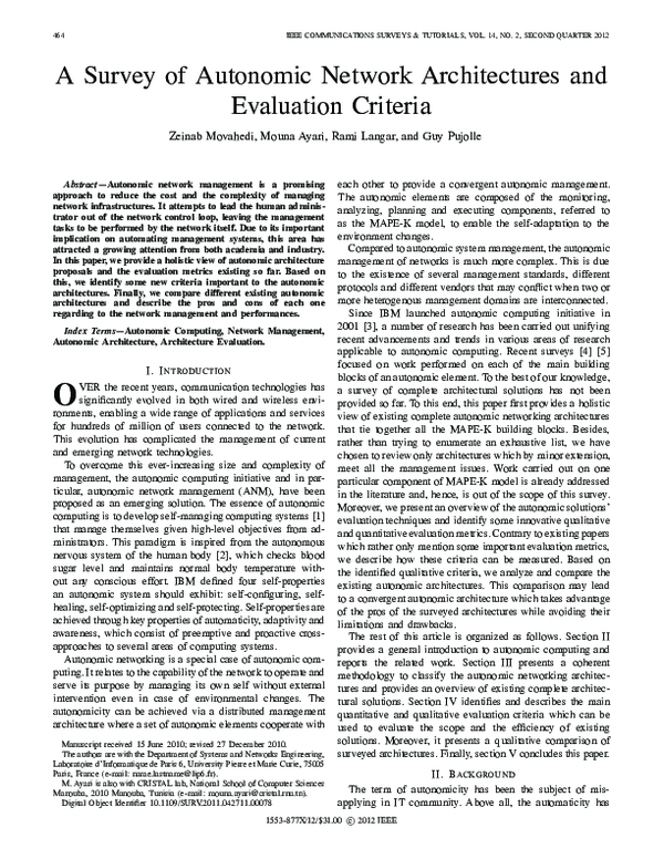 (PDF) A Survey of Autonomic Network Architectures and Evaluation Criteria