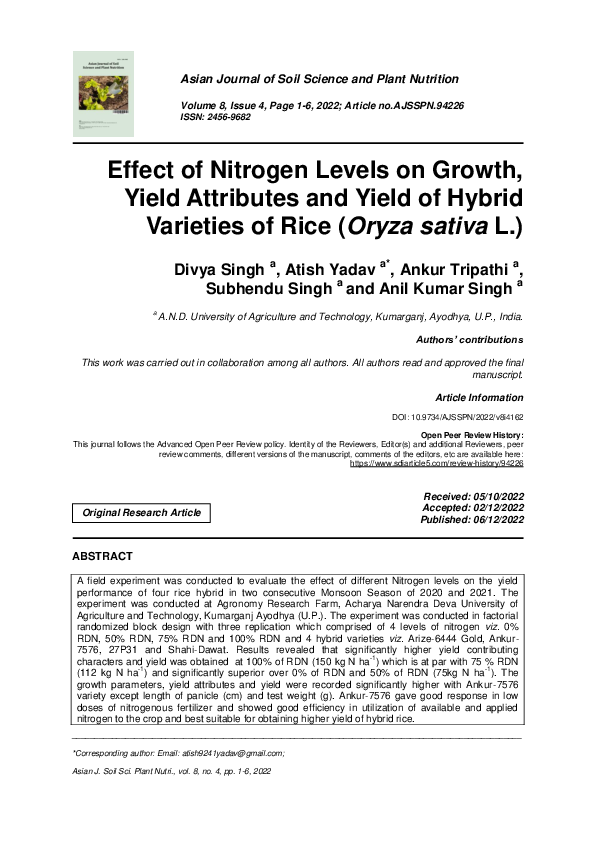 (PDF) Effect of Nitrogen Levels on Growth, Yield Attributes and Yield ...