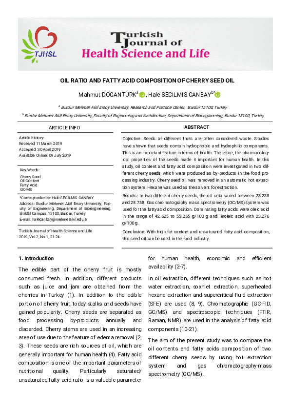 (PDF) Oil Ratio and Fatty Acid Composition of Cherry Seed Oil