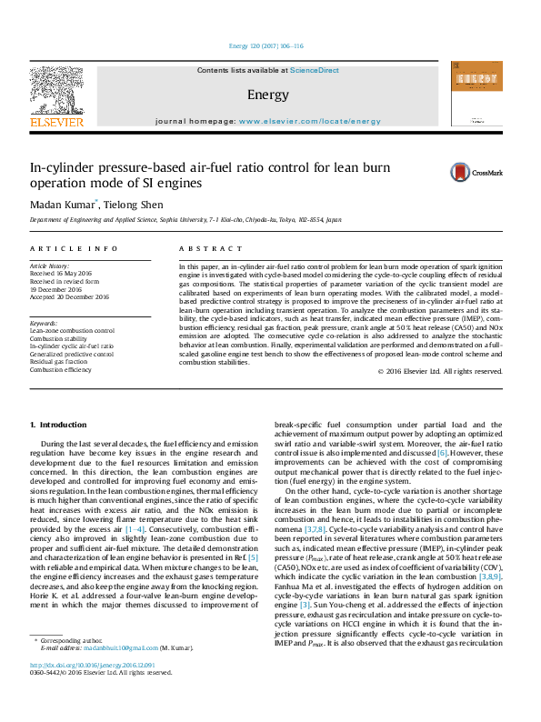 (PDF) In-cylinder pressure-based air-fuel ratio control for lean burn ...