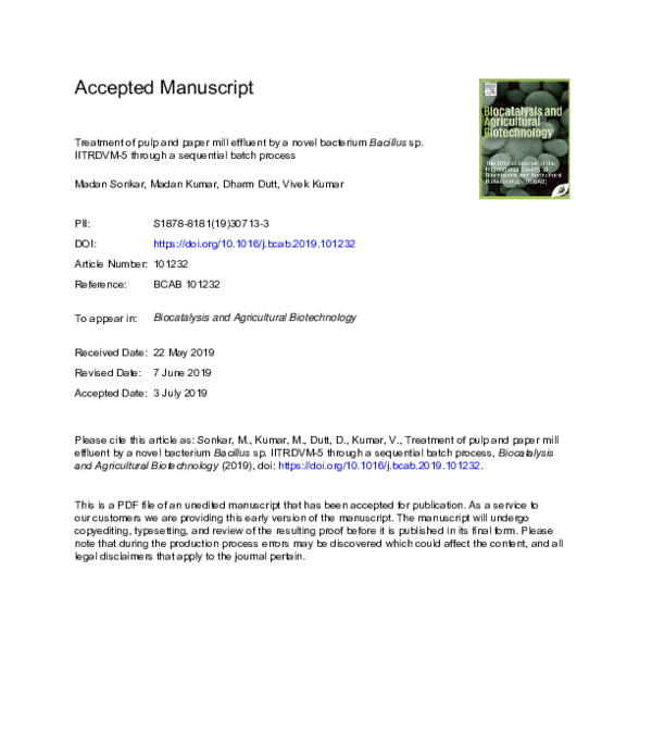 (PDF) Treatment of pulp and paper mill effluent by a novel bacterium ...