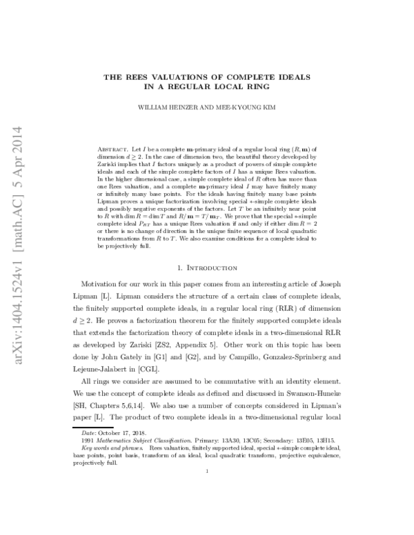 (PDF) The Rees Valuations of Complete Ideals in a Regular Local Ring