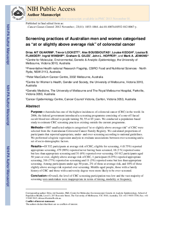 (PDF) Screening practices of Australian men and women categorized as ...