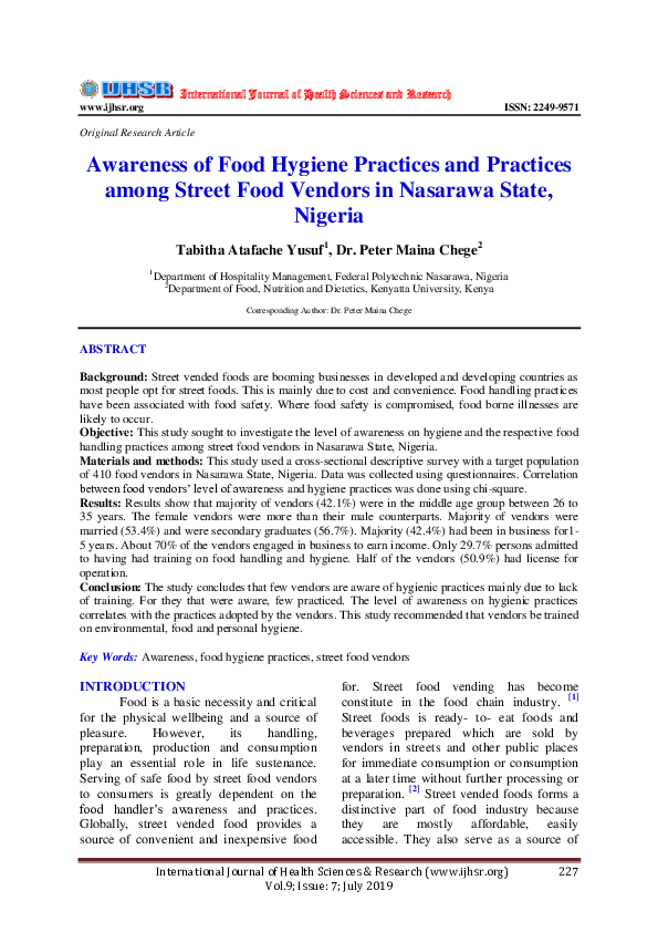 Pdf Awareness Of Food Hygiene Practices And Practices Among Street