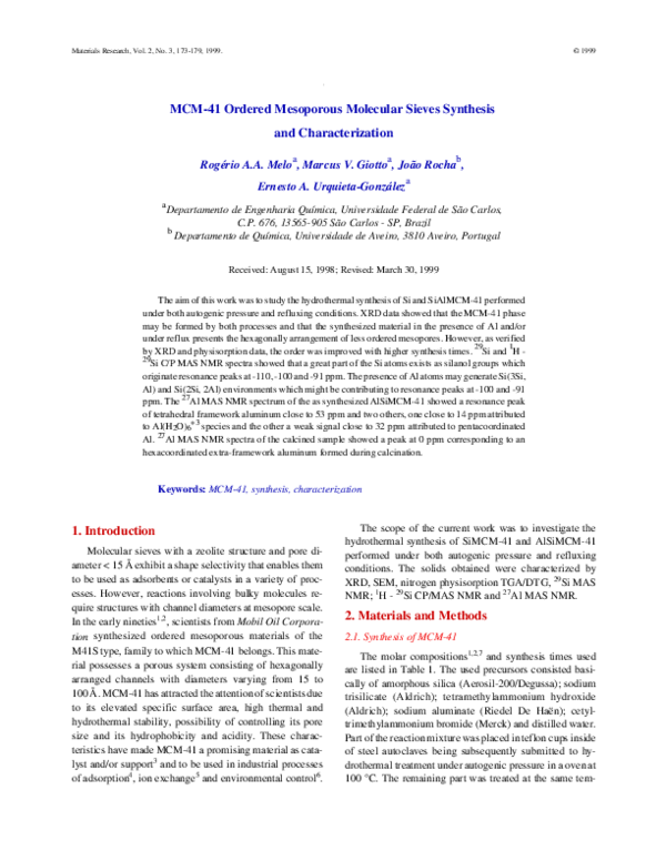 (PDF) MCM-41 ordered mesoporous molecular sieves synthesis and ...