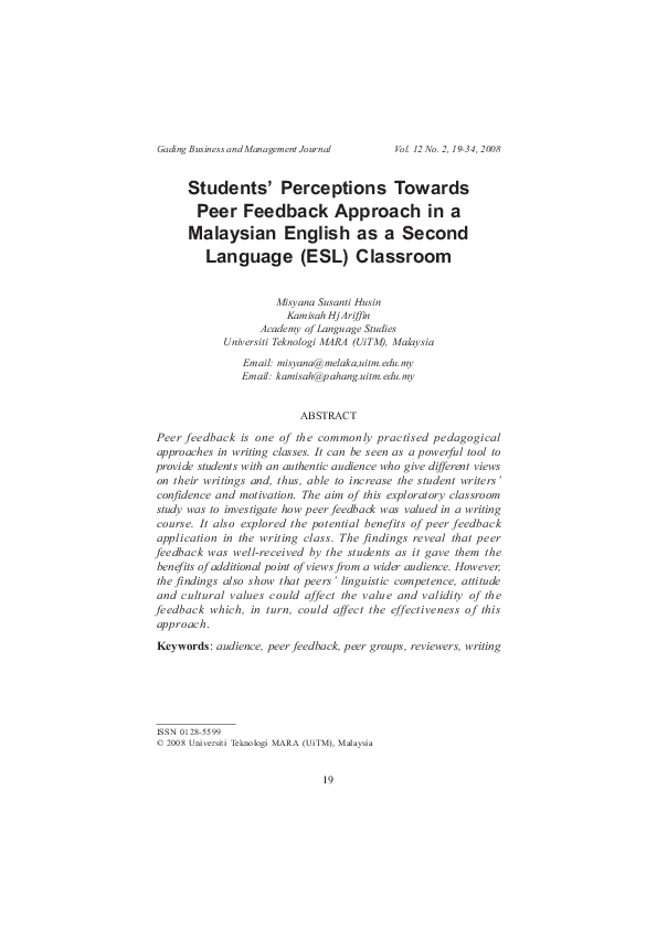 (PDF) Students' Perceptions Towards Peer Feedback Approach in a ...