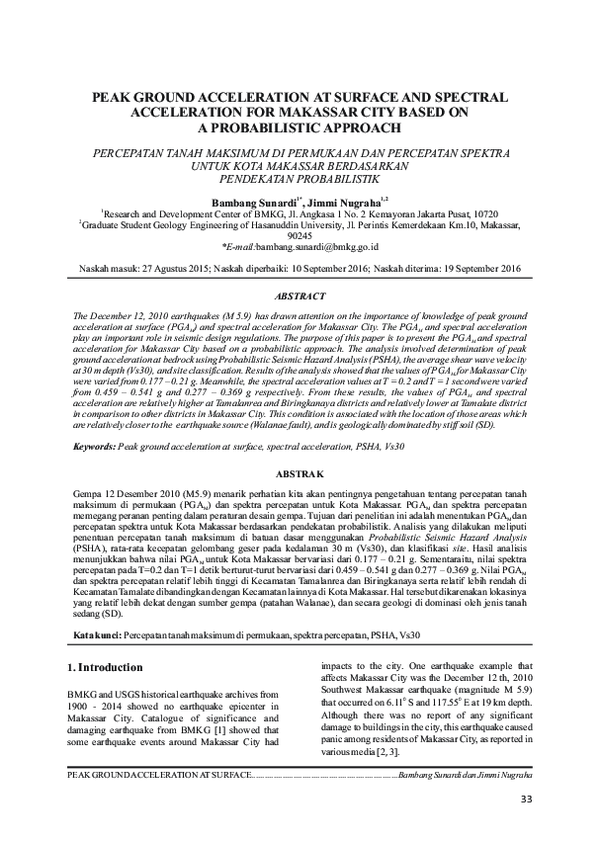 (PDF) Peak Ground Acceleration at Surface and Spectral Acceleration for ...