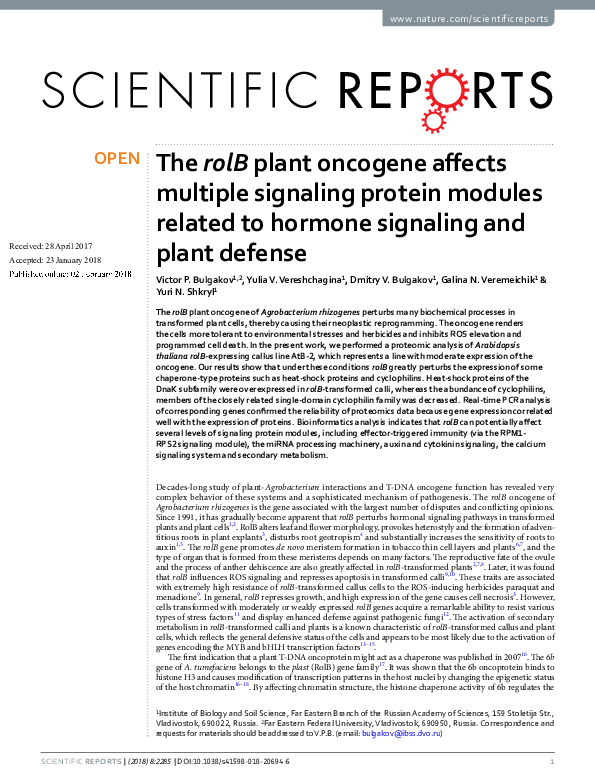 (PDF) The rolB plant oncogene affects multiple signaling protein ...