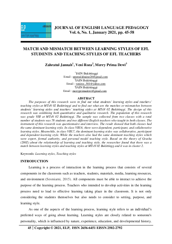 (PDF) Match and Mismatch Between Learning Styles of Efl Students and ...