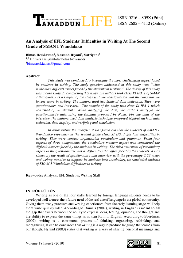 (PDF) An Analysis of EFL Students’ Difficulties in Writing At The ...