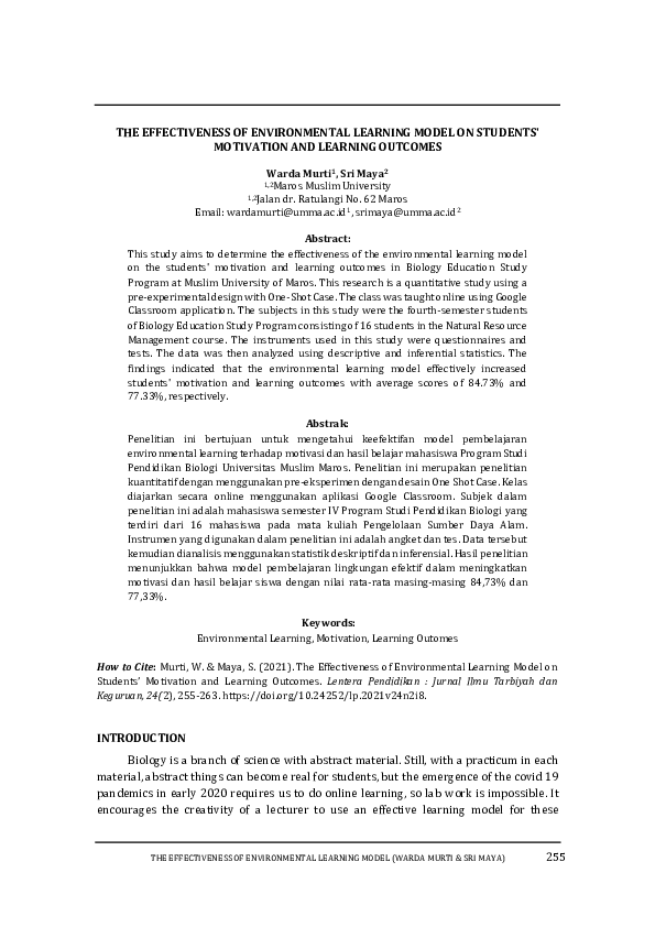 (PDF) The Effectiveness of Environmental Learning Model on Students ...