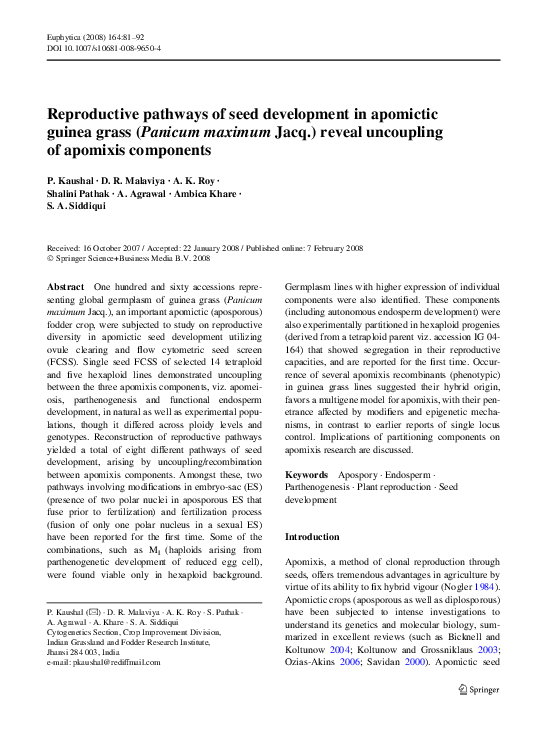 (PDF) Reproductive pathways of seed development in apomictic guinea ...