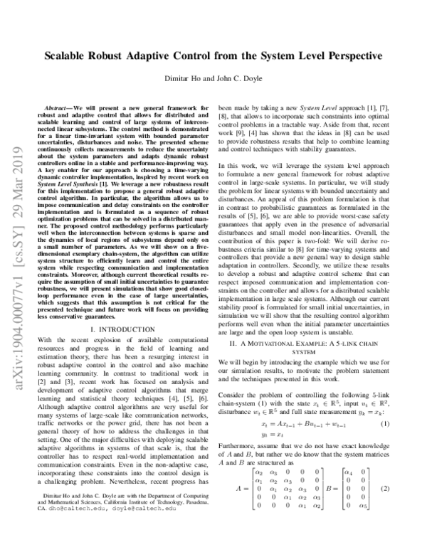 (PDF) Scalable Robust Adaptive Control from the System Level Perspective