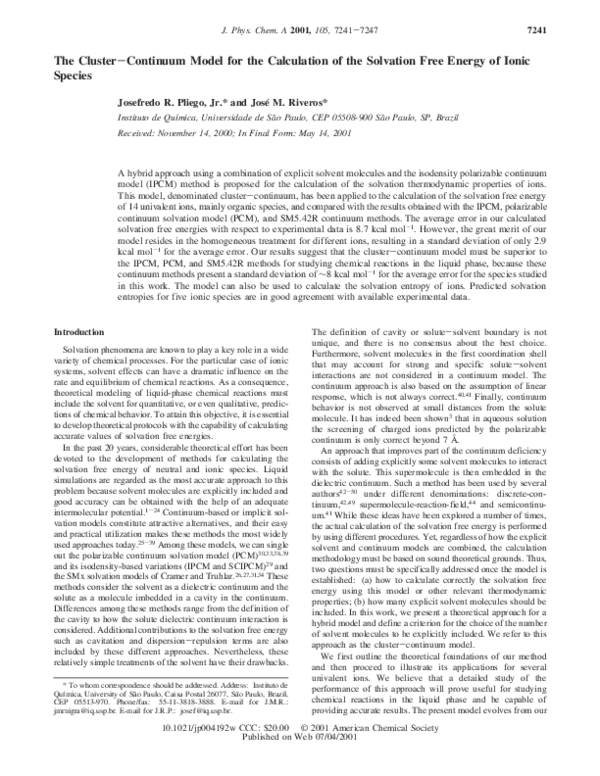 (PDF) The Cluster−Continuum Model for the Calculation of the Solvation ...