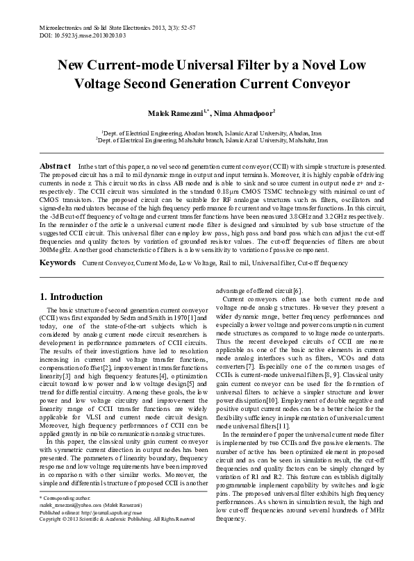 (PDF) New Current-mode Universal Filter by a Novel Low Voltage Second ...