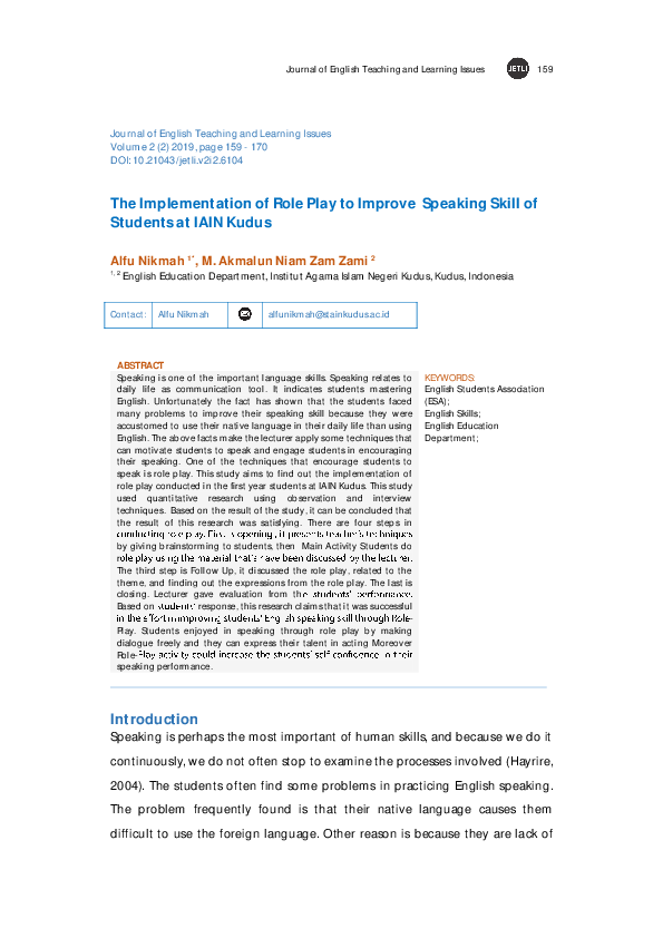 (PDF) The Implementation of Role Play to Improve EFL Speaking Skill of ...