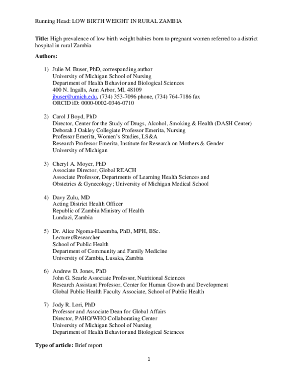 (PDF) High Prevalence of Low Birth Weight Babies Born to Pregnant Women ...