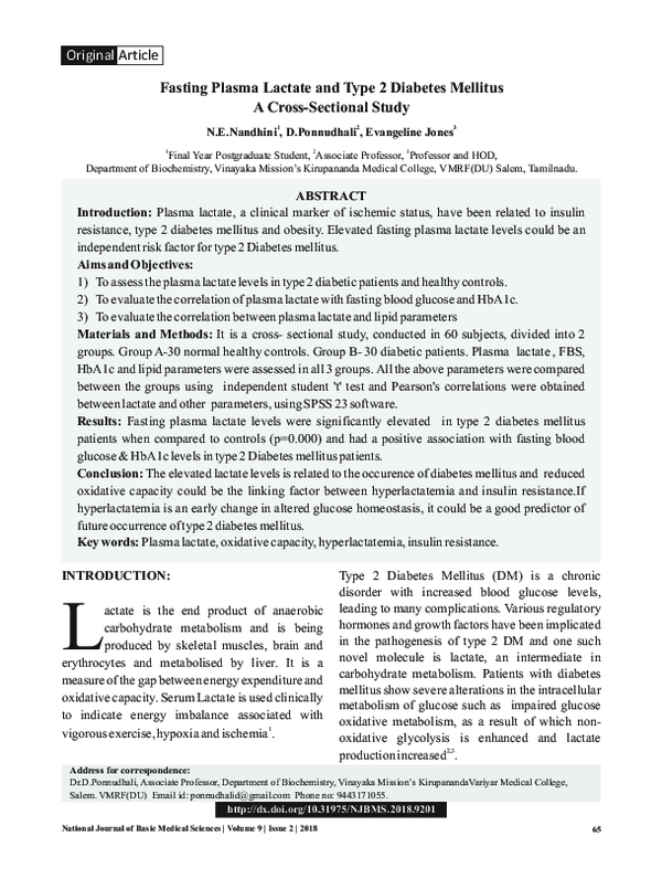 (PDF) Fasting Plasma Lactate and Type 2 Diabetes Mellitus A Cross ...