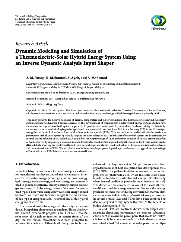(PDF) Dynamic Modeling and Simulation of a Thermoelectric-Solar Hybrid ...