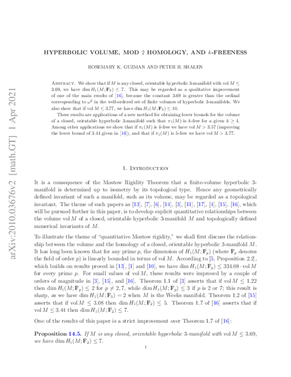 (PDF) Hyperbolic volume, mod 2 homology, and k-freeness