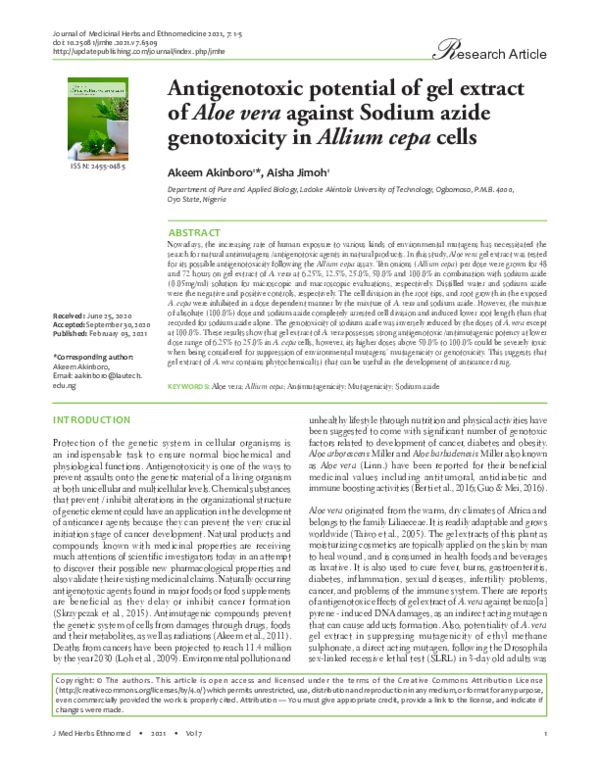(PDF) Antigenotoxic potential of gel extract of Aloe vera against ...