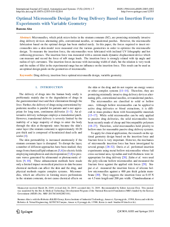 (PDF) Optimal Microneedle Design for Drug Delivery Based on Insertion ...