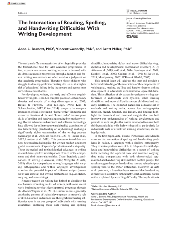 (PDF) The Interaction of Reading, Spelling, and Handwriting ...